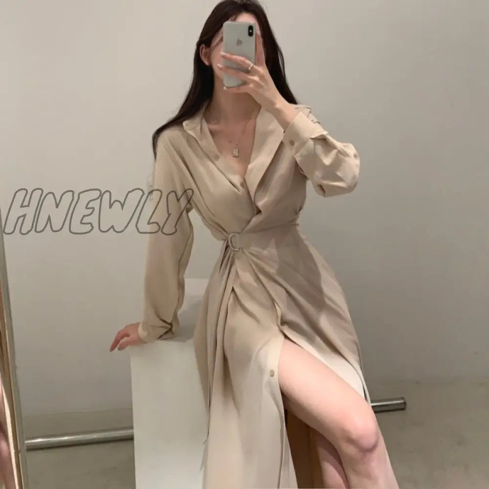 xsrrr Chic Slim Waist Shirt Dress Woman Clothes Single-breasted Sexy Split Long Dresses Female Korean Khaki Black Spring Clothing Chic Work Outfits