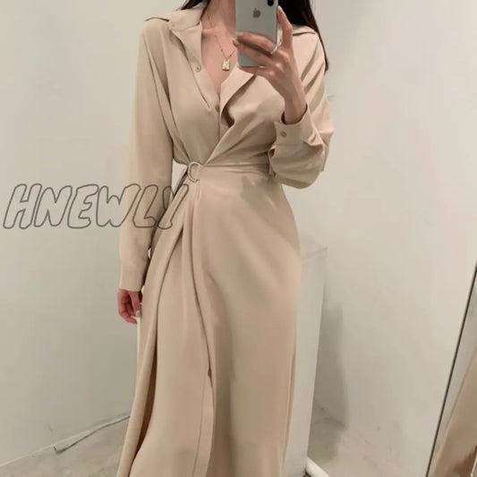 xsrrr Chic Slim Waist Shirt Dress Woman Clothes Single-breasted Sexy Split Long Dresses Female Korean Khaki Black Spring Clothing Chic Work Outfits