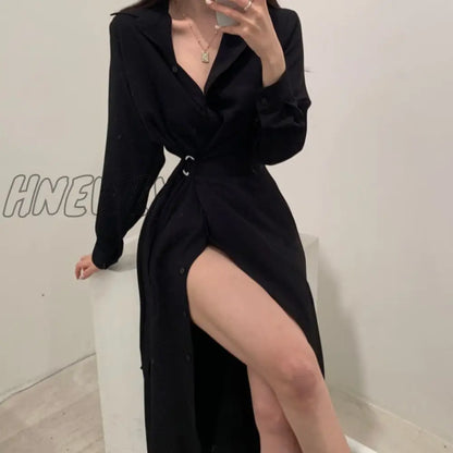 xsrrr Chic Slim Waist Shirt Dress Woman Clothes Single-breasted Sexy Split Long Dresses Female Korean Khaki Black Spring Clothing Chic Work Outfits