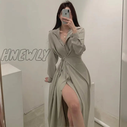 xsrrr Chic Slim Waist Shirt Dress Woman Clothes Single-breasted Sexy Split Long Dresses Female Korean Khaki Black Spring Clothing Chic Work Outfits