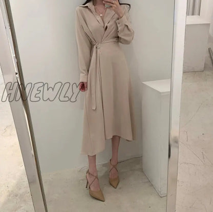 xsrrr Chic Slim Waist Shirt Dress Woman Clothes Single-breasted Sexy Split Long Dresses Female Korean Khaki Black Spring Clothing Chic Work Outfits