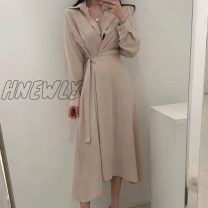 xsrrr Chic Slim Waist Shirt Dress Woman Clothes Single-breasted Sexy Split Long Dresses Female Korean Khaki Black Spring Clothing Chic Work Outfits