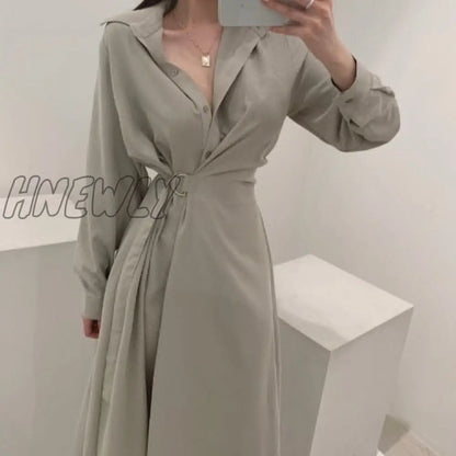 xsrrr Chic Slim Waist Shirt Dress Woman Clothes Single-breasted Sexy Split Long Dresses Female Korean Khaki Black Spring Clothing Chic Work Outfits