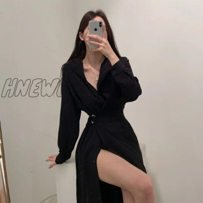 xsrrr Chic Slim Waist Shirt Dress Woman Clothes Single-breasted Sexy Split Long Dresses Female Korean Khaki Black Spring Clothing Chic Work Outfits