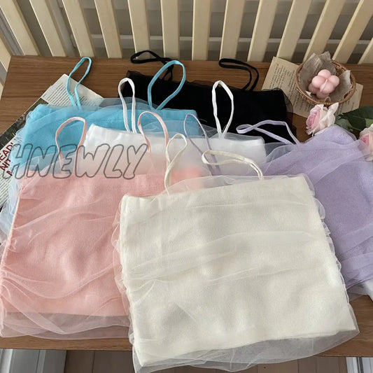 Hnewly Chic Spaghetti Strap Tube Tops Gauze Y2k Women Sleeveless Mesh Tank Top Crop Top Camisole Female Summer Streetwear 2000s Clothes