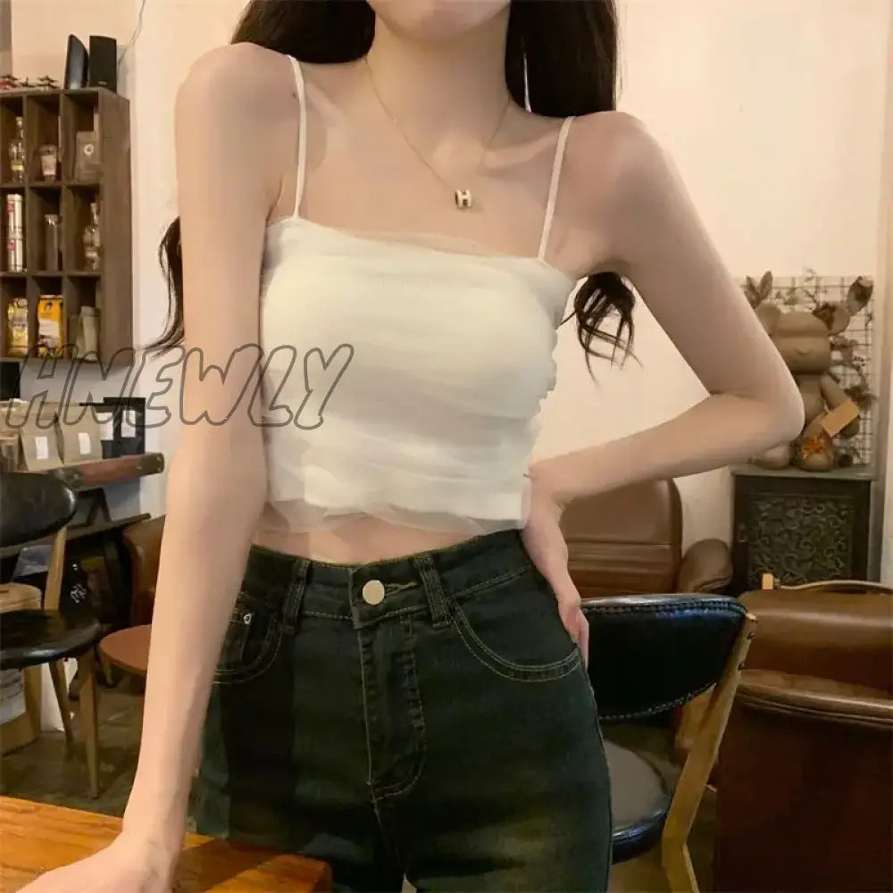 Hnewly Chic Spaghetti Strap Tube Tops Gauze Y2k Women Sleeveless Mesh Tank Top Crop Top Camisole Female Summer Streetwear 2000s Clothes