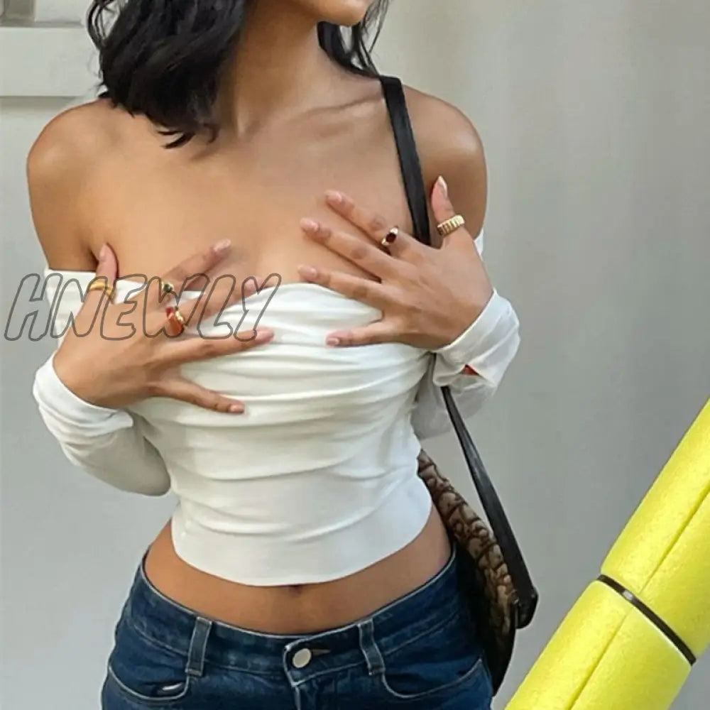 xsrrr Chic Women Sexy Off Shoulder T-shirt Spring Long Sleeve Slim Fit Crop Top Y2K Vintage Harajuku White Tees Elegant Female Clothes