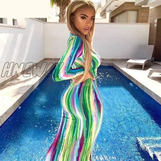 xsrrr Chicology neon tie dye print stripe lace up maxi dress women long sleeve sexy autumn winter women party bodycon clothes