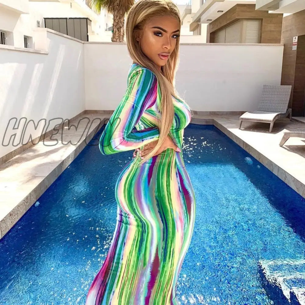 xsrrr Chicology neon tie dye print stripe lace up maxi dress women long sleeve sexy autumn winter women party bodycon clothes