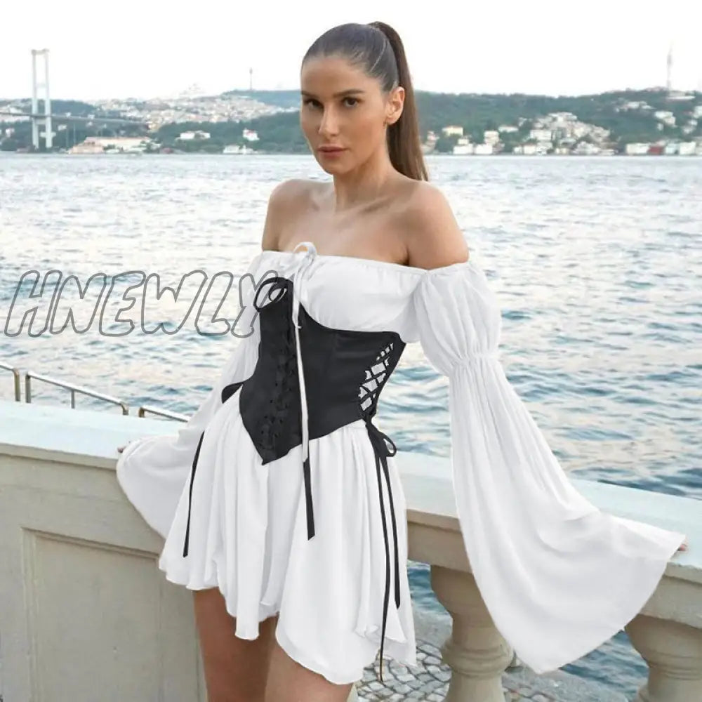 xsrrr Chiffon Slash Neck Mini Dress Women Summer Beach Vacation Long Sleeve Corset Bandage Sundress Party Casual Dresses Pink