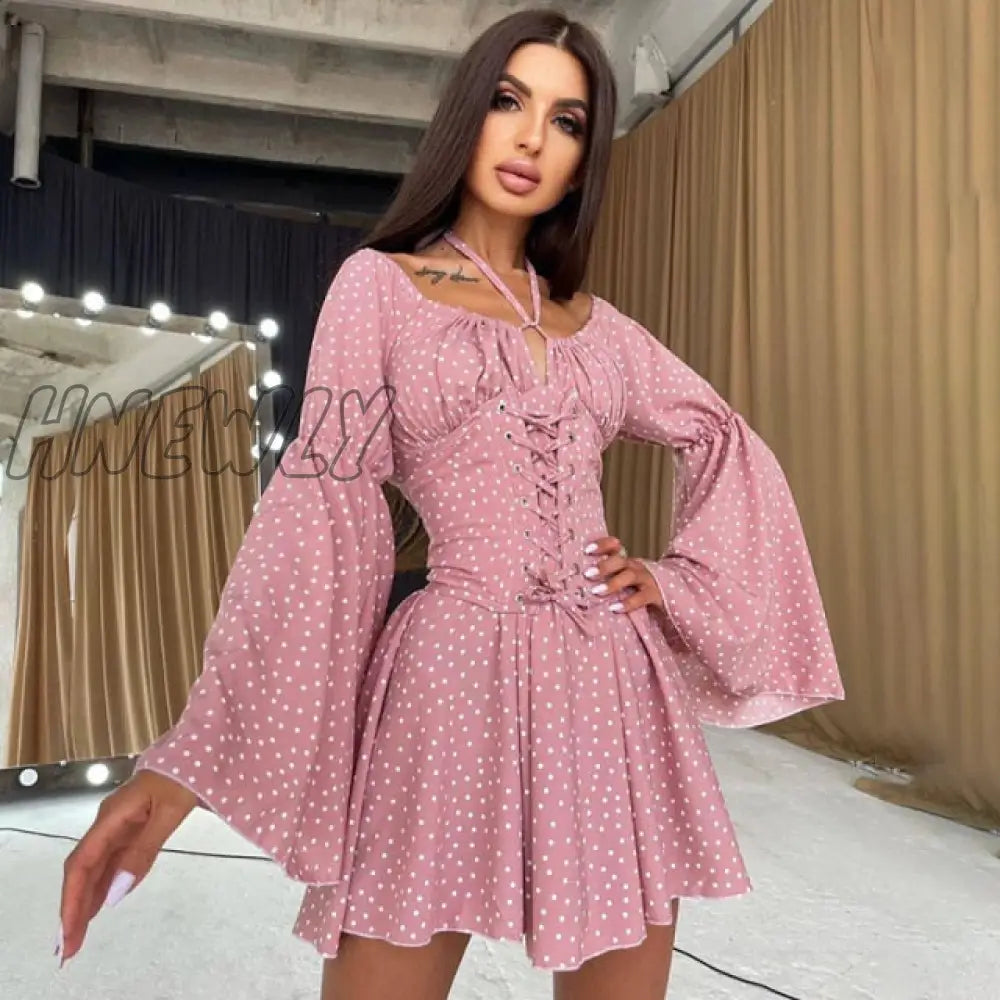 xsrrr Chiffon Slash Neck Mini Dress Women Summer Beach Vacation Long Sleeve Corset Bandage Sundress Party Casual Dresses Pink