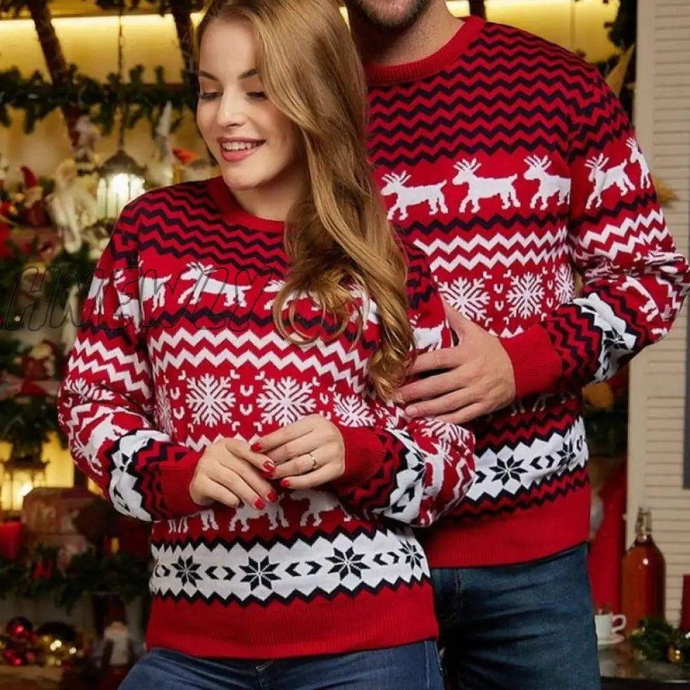 xsrrr Christmas O Neck Sueter Jumpers Xmas Matching Outfits Sweaters for Couples Women Men Unisex Casual Loose Knitwear Long Sleeve