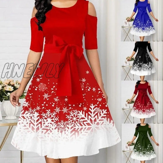 xsrrr Christmas Party Dress Red Dress Women New Belted Snowflake Print Cold Shoulder Round Neck Dress Plus Size Fashion Ladies