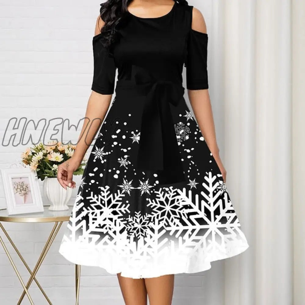 xsrrr Christmas Party Dress Red Dress Women New Belted Snowflake Print Cold Shoulder Round Neck Dress Plus Size Fashion Ladies