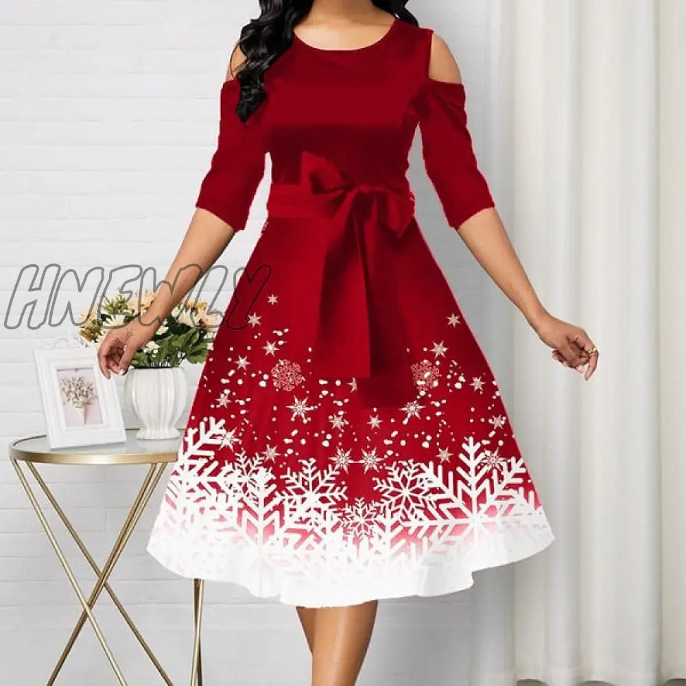 xsrrr Christmas Party Dress Red Dress Women New Belted Snowflake Print Cold Shoulder Round Neck Dress Plus Size Fashion Ladies