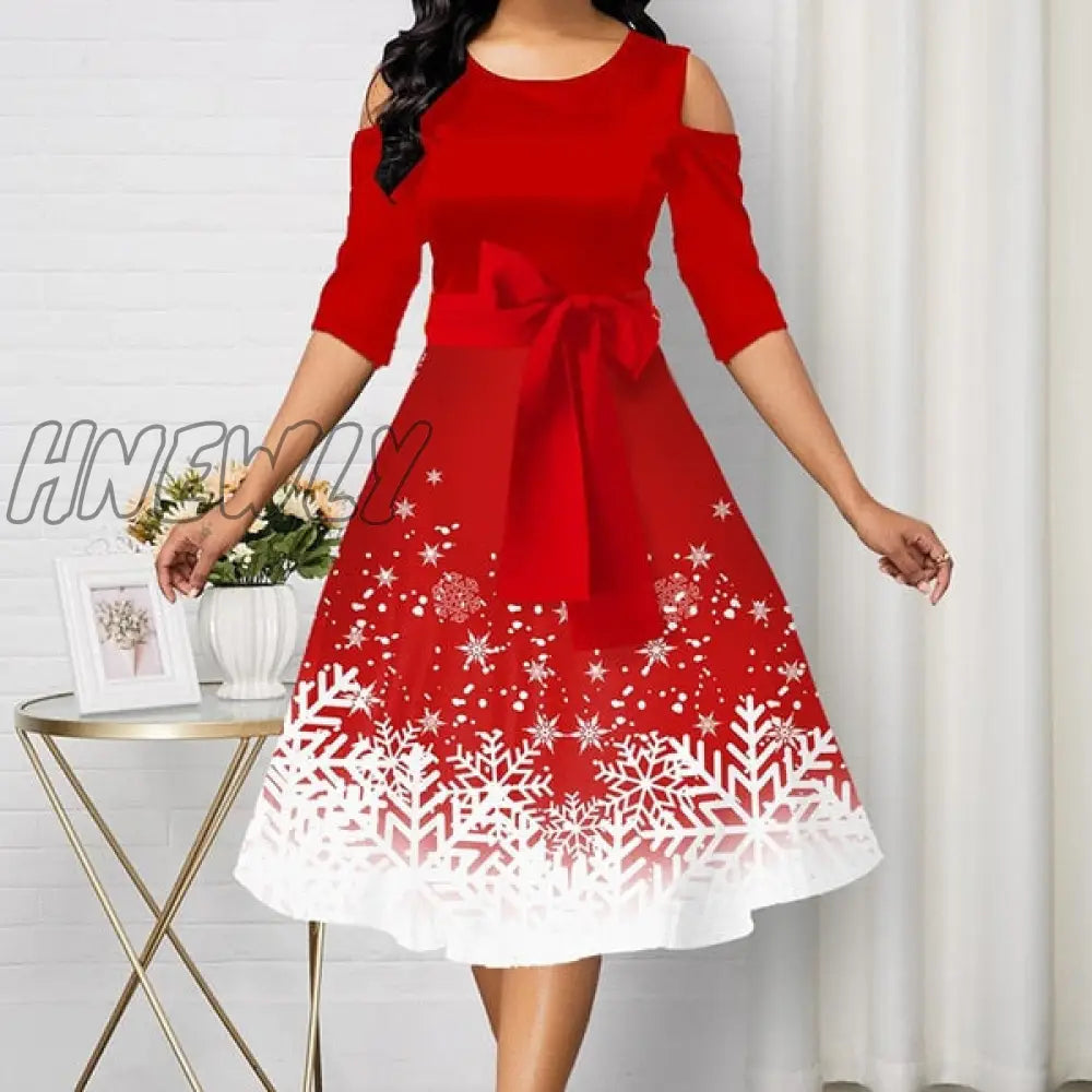 xsrrr Christmas Party Dress Red Dress Women New Belted Snowflake Print Cold Shoulder Round Neck Dress Plus Size Fashion Ladies