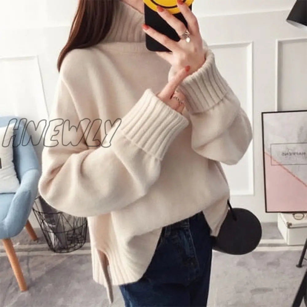 xsrrr Christmas Party Outfits Fashion Thick High Collar Red Pink Knitted Sweater Women Tops Autumn Winter Loose 3 Color Knit Turtleneck Pullover Ladies Jumper