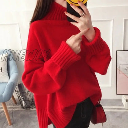 xsrrr Christmas Party Outfits Fashion Thick High Collar Red Pink Knitted Sweater Women Tops Autumn Winter Loose 3 Color Knit Turtleneck Pullover Ladies Jumper