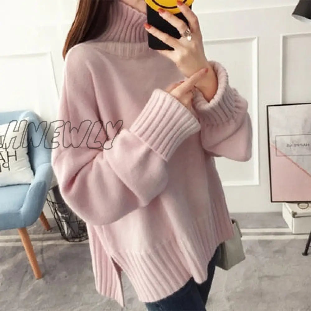 xsrrr Christmas Party Outfits Fashion Thick High Collar Red Pink Knitted Sweater Women Tops Autumn Winter Loose 3 Color Knit Turtleneck Pullover Ladies Jumper