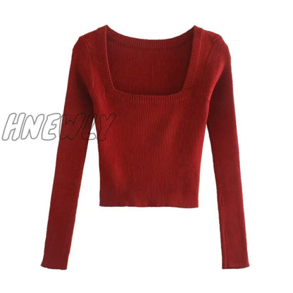 xsrrr Christmas Party Outfits  Vintage Square Neck Women Sweater Red Long Sleeve Female knitted sweater Elasticity ladies pullover jumper