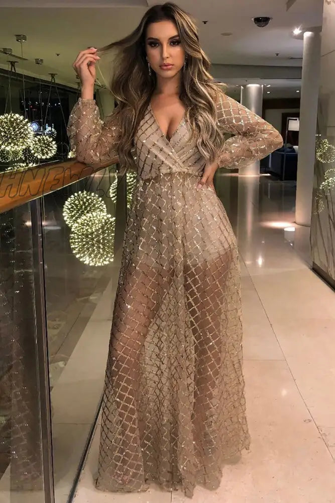 xsrrr Christmas Party Women Summer Long Party Dress Long Sleeve Sexy Mesh Tulle Gold Sequin Maxi Dress Vestidos De Mujer  Prom Dresses