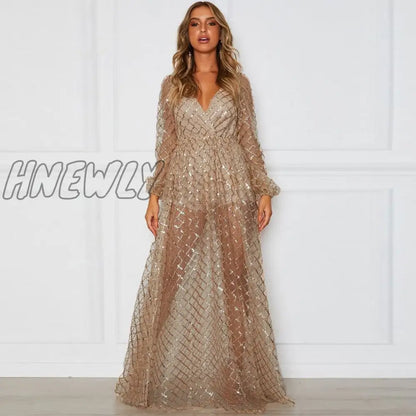 xsrrr Christmas Party Women Summer Long Party Dress Long Sleeve Sexy Mesh Tulle Gold Sequin Maxi Dress Vestidos De Mujer  Prom Dresses