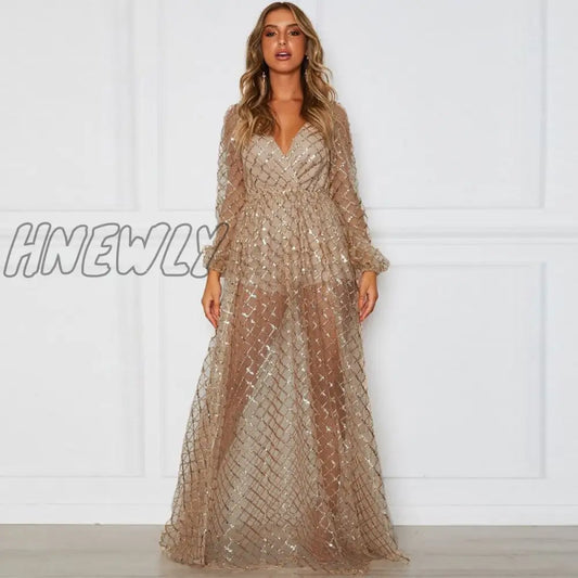 xsrrr Christmas Party Women Summer Long Party Dress Long Sleeve Sexy Mesh Tulle Gold Sequin Maxi Dress Vestidos De Mujer  Prom Dresses