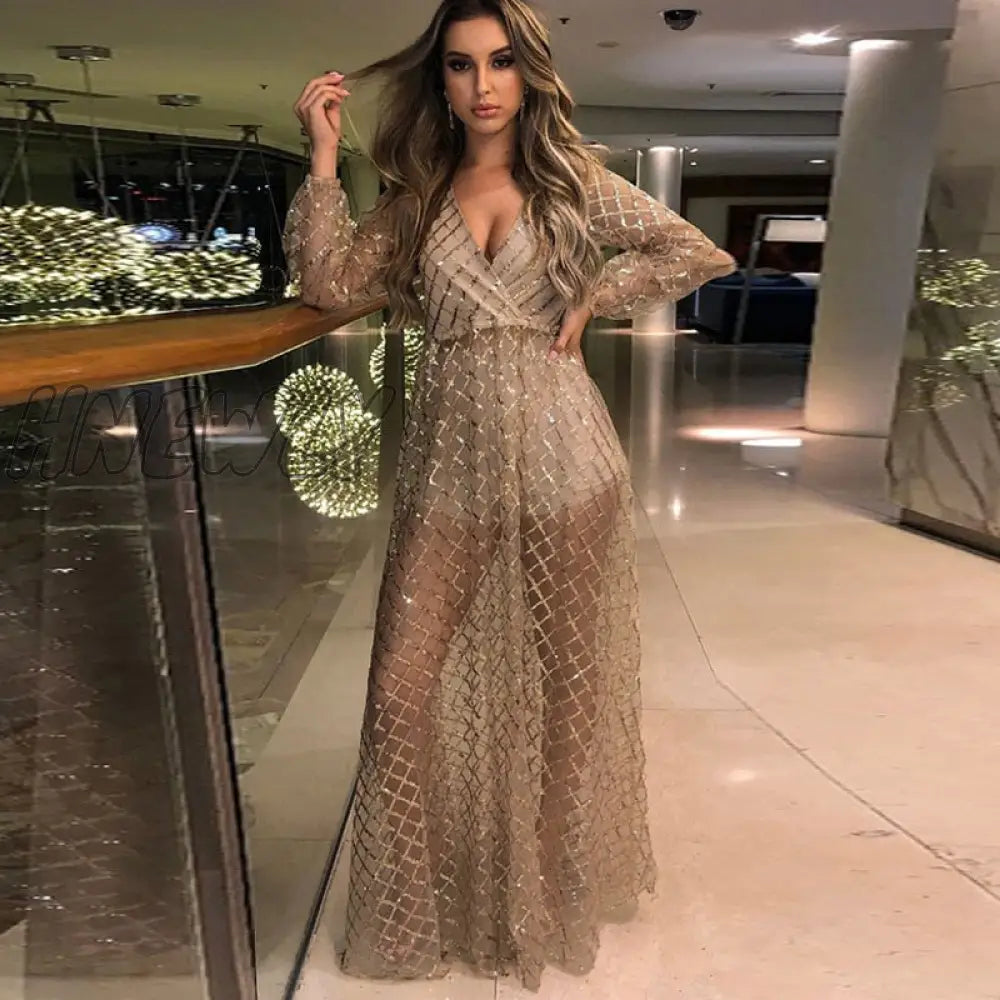 xsrrr Christmas Party Women Summer Long Party Dress Long Sleeve Sexy Mesh Tulle Gold Sequin Maxi Dress Vestidos De Mujer  Prom Dresses