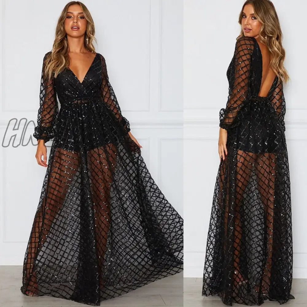 xsrrr Christmas Party Women Summer Long Party Dress Long Sleeve Sexy Mesh Tulle Gold Sequin Maxi Dress Vestidos De Mujer  Prom Dresses