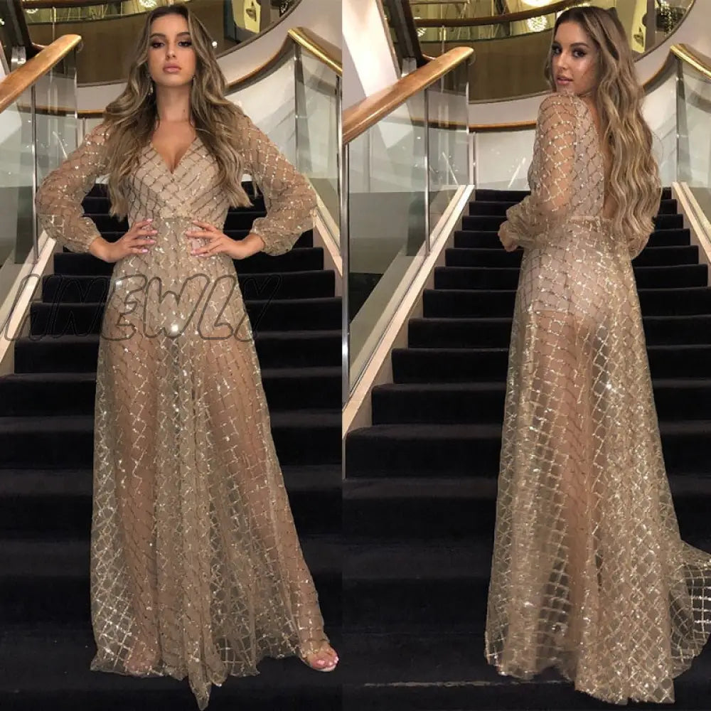 xsrrr Christmas Party Women Summer Long Party Dress Long Sleeve Sexy Mesh Tulle Gold Sequin Maxi Dress Vestidos De Mujer  Prom Dresses