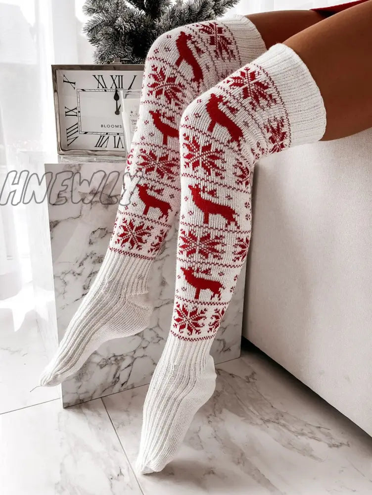 xsrrr Christmas Women Knitted Cotton Woolen Stocking Warm Thigh High Over the Knee Cute Deer Printing Socks Twist Cable Crochet