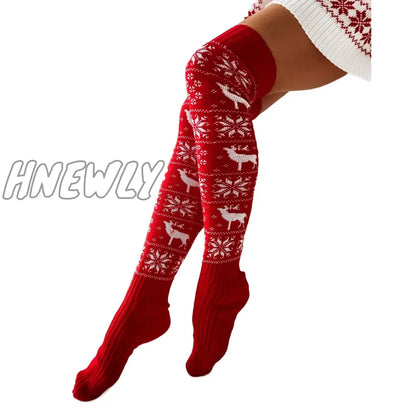 xsrrr Christmas Women Knitted Cotton Woolen Stocking Warm Thigh High Over the Knee Cute Deer Printing Socks Twist Cable Crochet