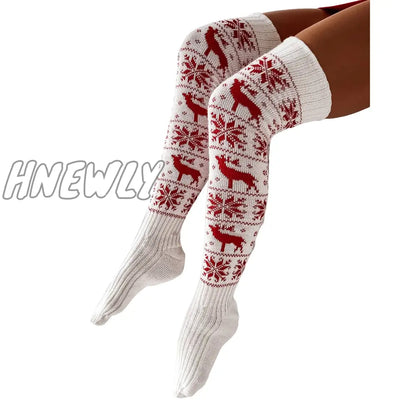 xsrrr Christmas Women Knitted Cotton Woolen Stocking Warm Thigh High Over the Knee Cute Deer Printing Socks Twist Cable Crochet