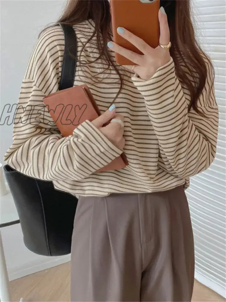 xsrrr Coffee Stripes Cotton T-Shirts Women Loose-Fitting Autumn 2024 Hot Sale Lady Casual Full Sleeve Chic All Match Tops