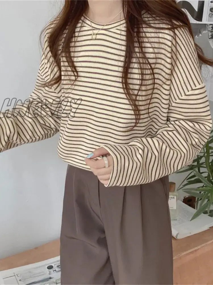 xsrrr Coffee Stripes Cotton T-Shirts Women Loose-Fitting Autumn 2024 Hot Sale Lady Casual Full Sleeve Chic All Match Tops