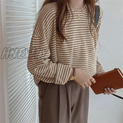 xsrrr Coffee Stripes Cotton T-Shirts Women Loose-Fitting Autumn 2024 Hot Sale Lady Casual Full Sleeve Chic All Match Tops