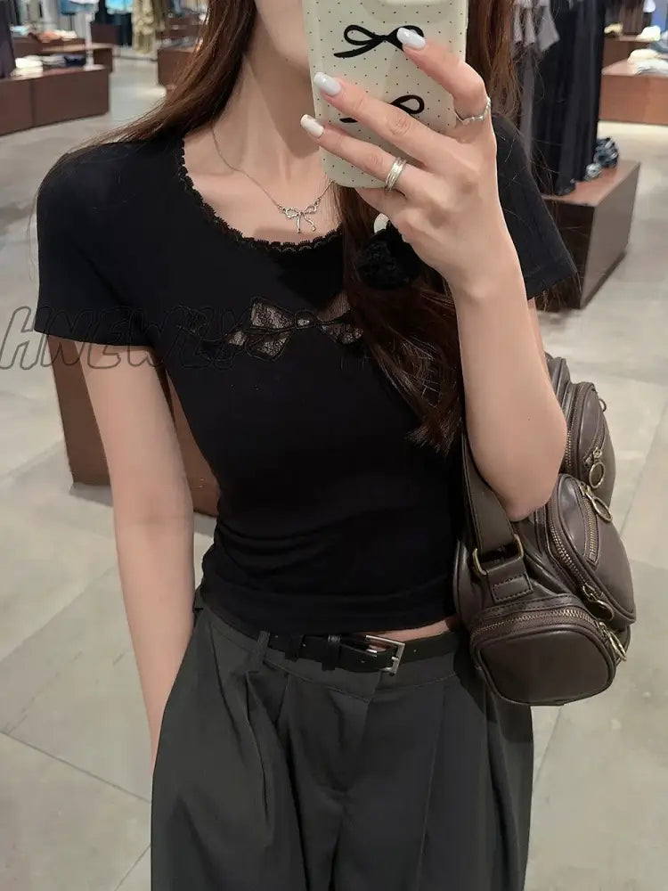 xsrrr Coquette Lace Crop T Shirts Women Sweet Girl White Bow Hollow Tees Aesthetic Korean Fashion Short Sleeve Tops Summer