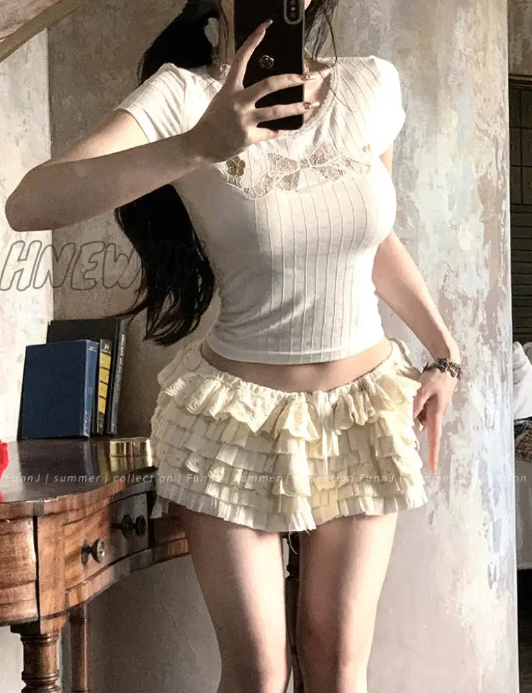 xsrrr Coquette Lace Crop T Shirts Women Sweet Girl White Bow Hollow Tees Aesthetic Korean Fashion Short Sleeve Tops Summer