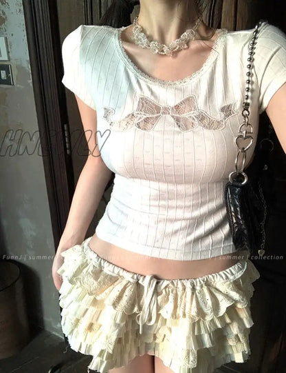 xsrrr Coquette Lace Crop T Shirts Women Sweet Girl White Bow Hollow Tees Aesthetic Korean Fashion Short Sleeve Tops Summer