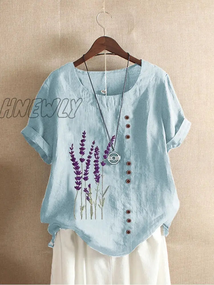 Hnewly Cotton and Linen Printed T Shirt Tops For Women Summer Loose  Lavender Printed T Shirt Shirts Trendy Summer Fits