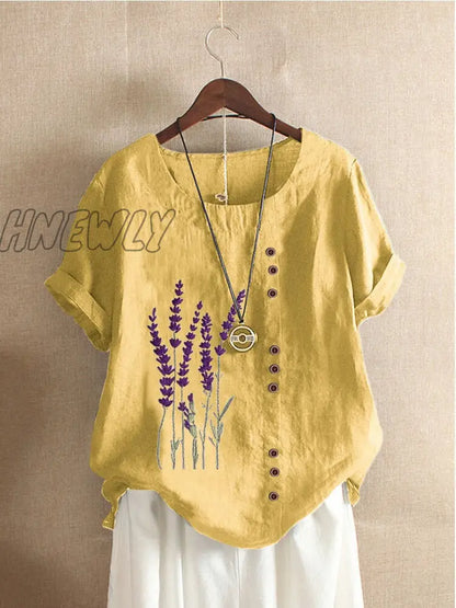 Hnewly Cotton and Linen Printed T Shirt Tops For Women Summer Loose  Lavender Printed T Shirt Shirts Trendy Summer Fits