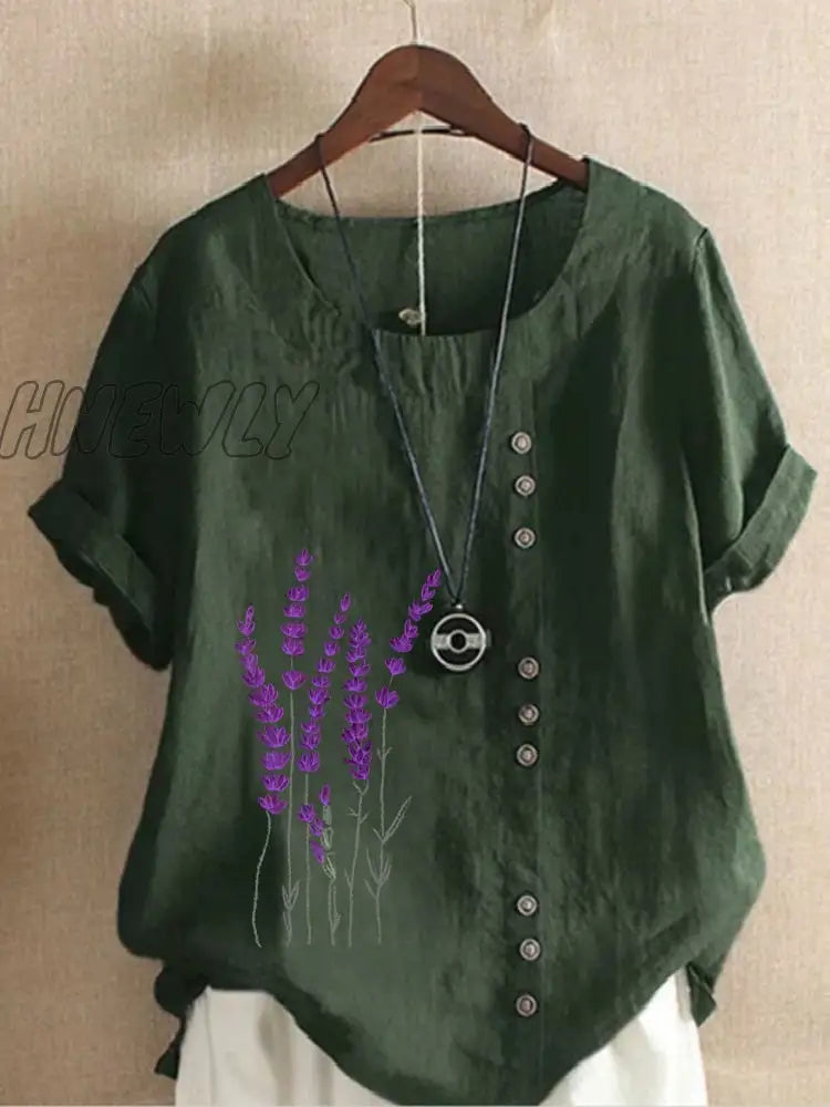 Hnewly Cotton and Linen Printed T Shirt Tops For Women Summer Loose  Lavender Printed T Shirt Shirts Trendy Summer Fits