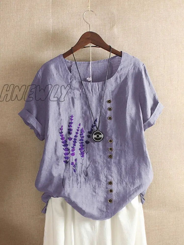 Hnewly Cotton and Linen Printed T Shirt Tops For Women Summer Loose  Lavender Printed T Shirt Shirts Trendy Summer Fits