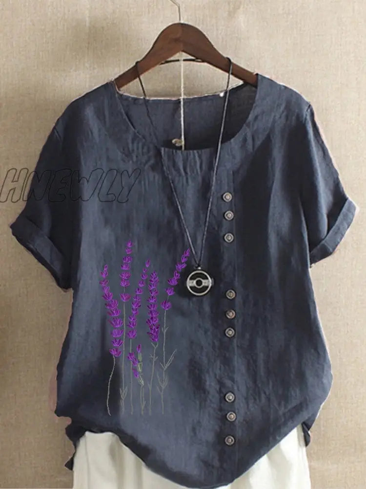 Hnewly Cotton and Linen Printed T Shirt Tops For Women Summer Loose  Lavender Printed T Shirt Shirts Trendy Summer Fits