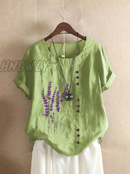 Hnewly Cotton and Linen Printed T Shirt Tops For Women Summer Loose  Lavender Printed T Shirt Shirts Trendy Summer Fits