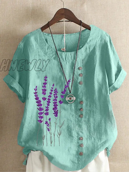 Hnewly Cotton and Linen Printed T Shirt Tops For Women Summer Loose  Lavender Printed T Shirt Shirts Trendy Summer Fits