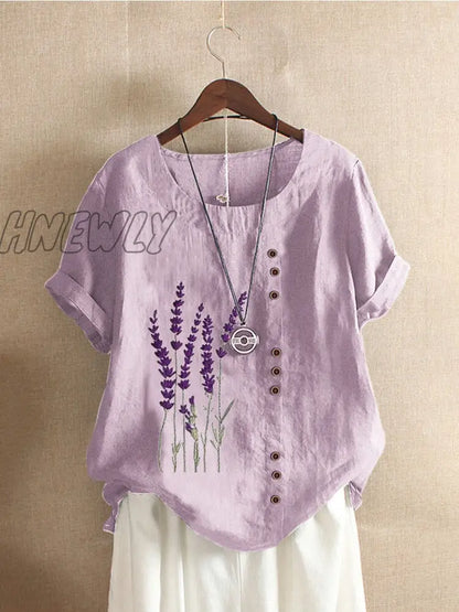 Hnewly Cotton and Linen Printed T Shirt Tops For Women Summer Loose  Lavender Printed T Shirt Shirts Trendy Summer Fits