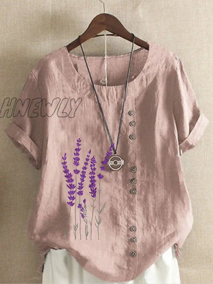 Hnewly Cotton and Linen Printed T Shirt Tops For Women Summer Loose  Lavender Printed T Shirt Shirts Trendy Summer Fits