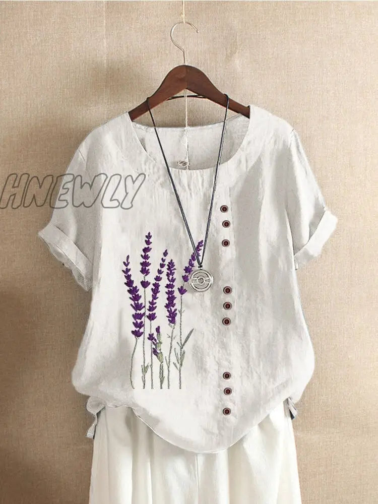 Hnewly Cotton and Linen Printed T Shirt Tops For Women Summer Loose  Lavender Printed T Shirt Shirts Trendy Summer Fits