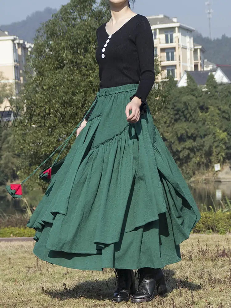 xsrrr Cotton Linen Women Medieval Skirt Solid Retro Ethnic Style Irregular Hem Ball Gown Skirt Muslim Maxi Long Skirt Spring Summer Halloween